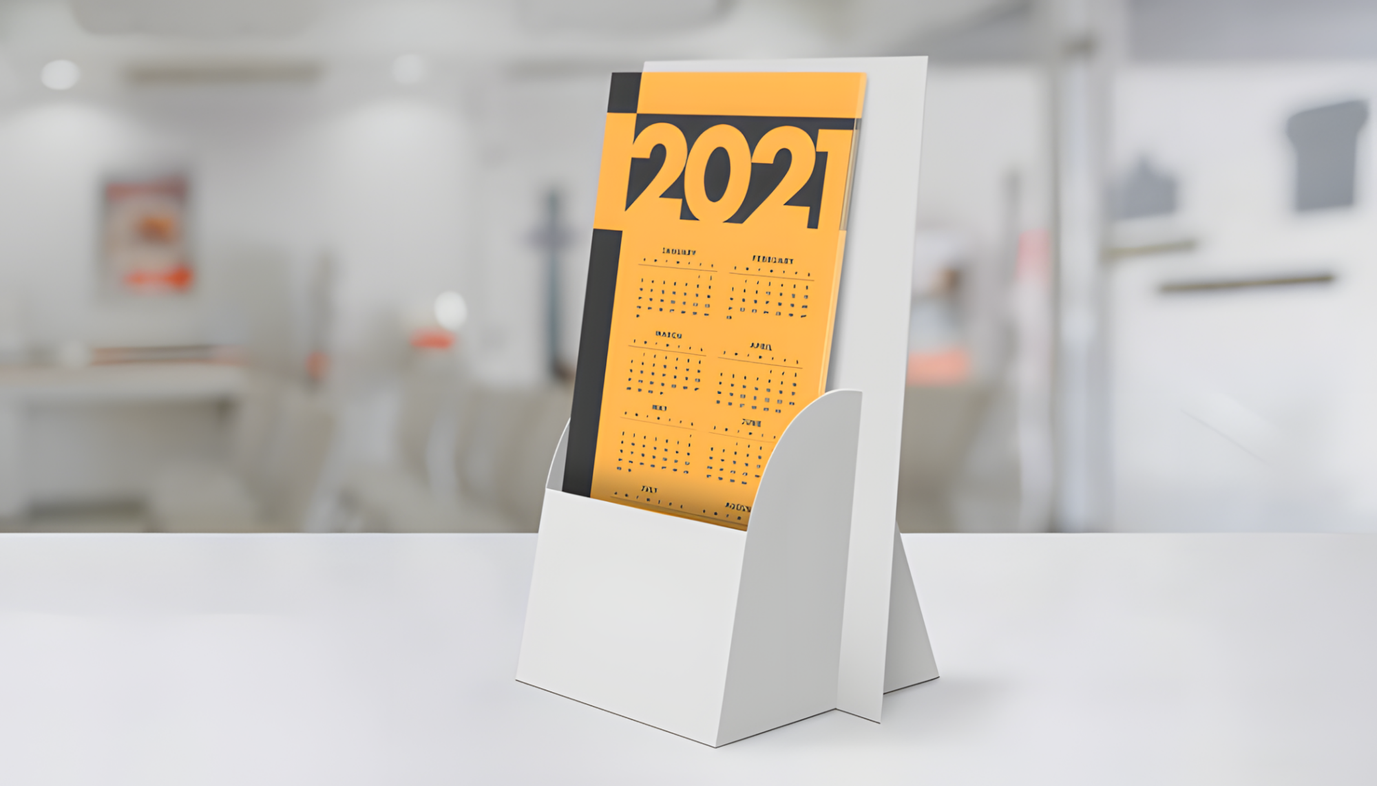 Яркая листовка-календарь 2021 года в подставке на ресепшн современного офиса