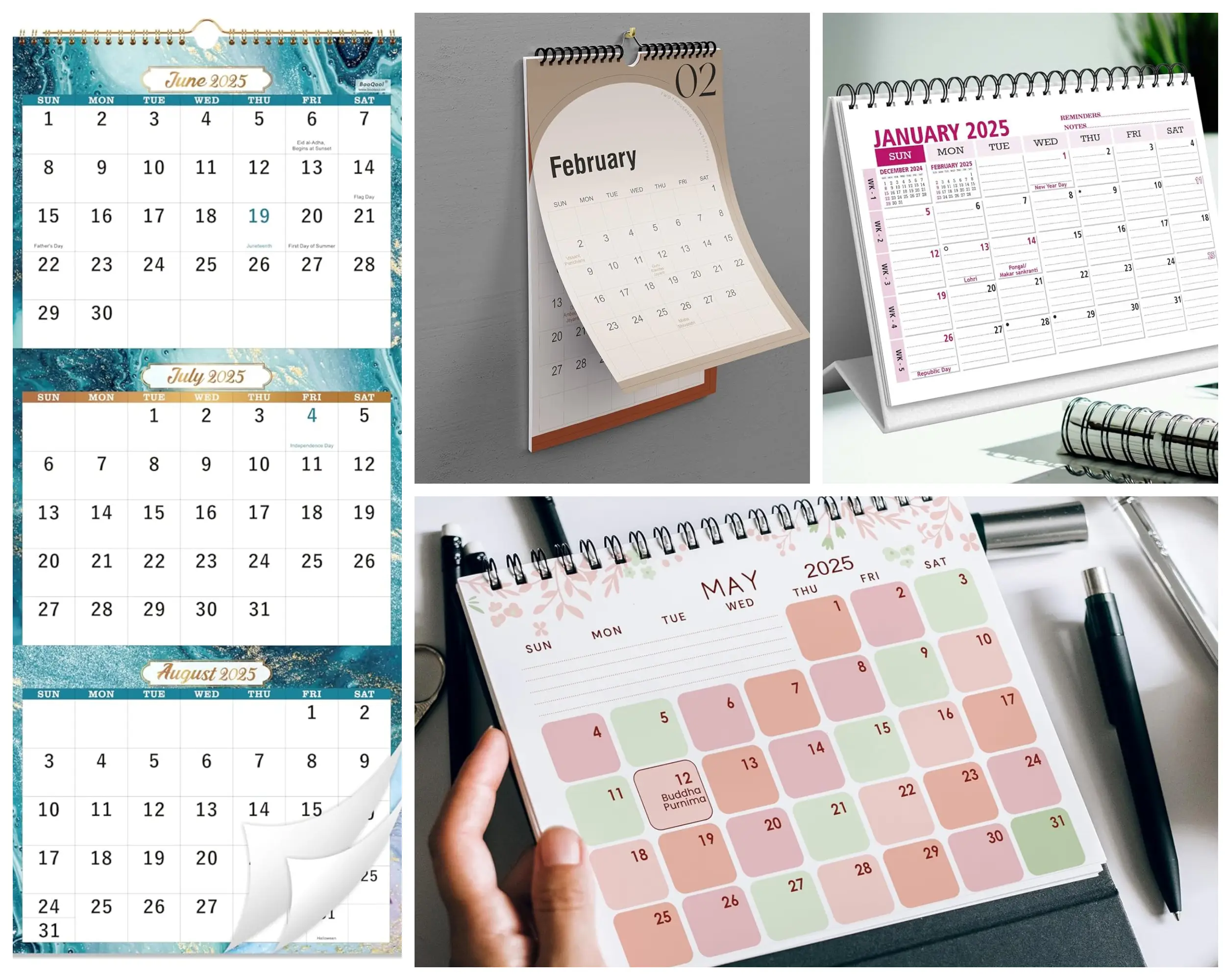 Различные макеты календарной сетки: настенные и настольные календари с разным оформлением, цветовой схемой и расположением дат, предназначенные для удобного планирования.