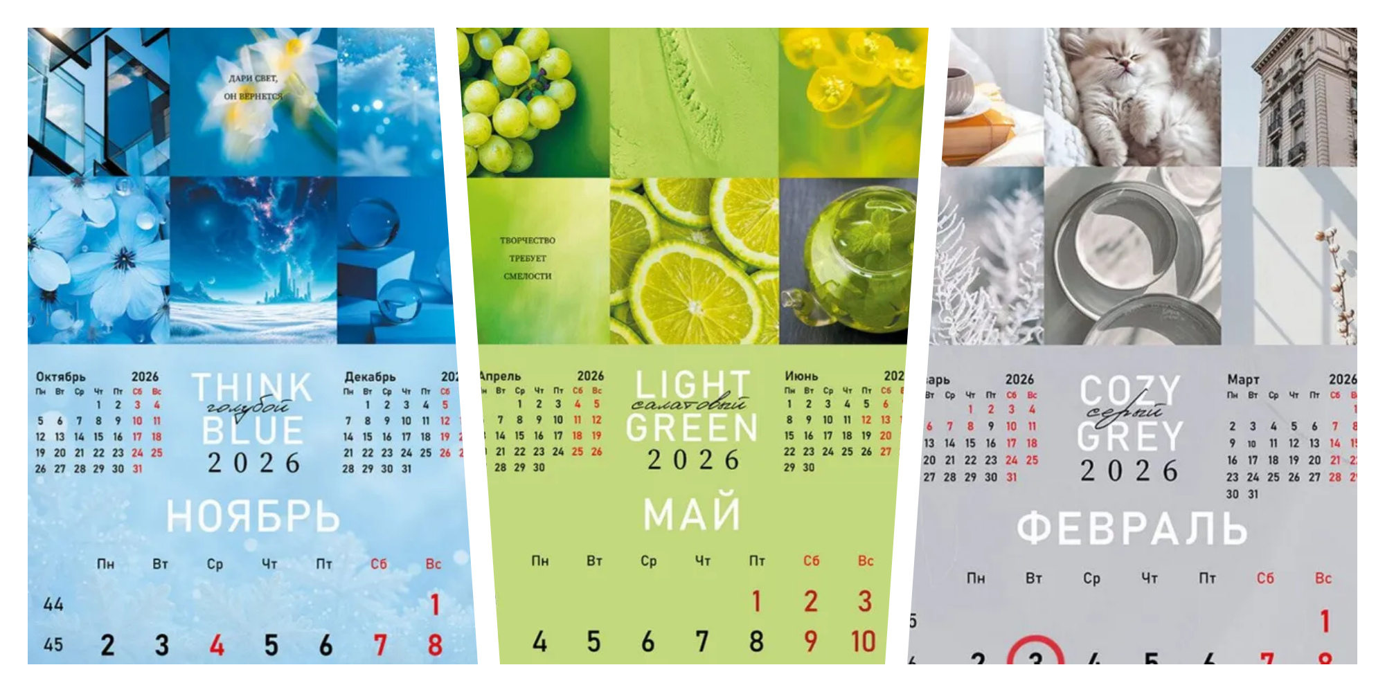 Три листа настенного календаря на 2026 год с разными цветовыми решениями: голубой для ноября, светло-зелёный для мая и серый для февраля, с тематическими фотографиями и мотивационными надписями