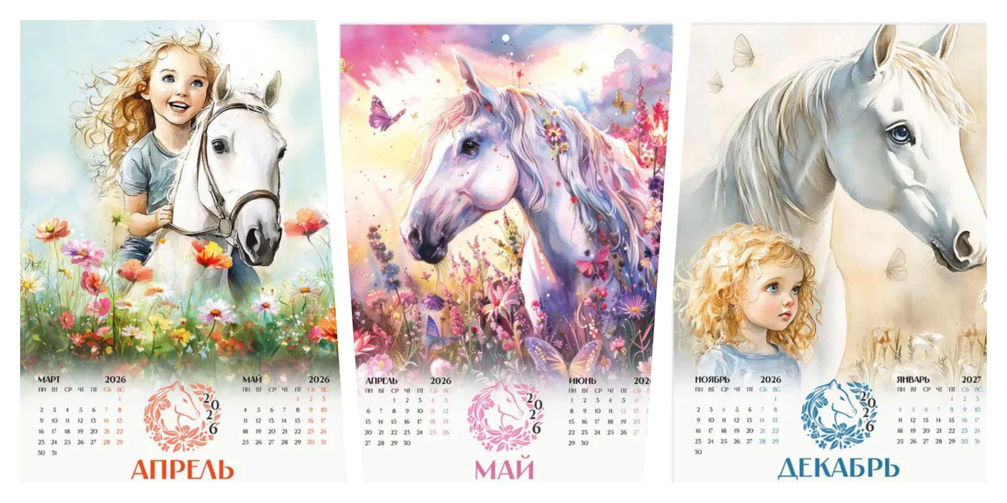Три листа календаря с изображениями белых лошадей и детей на фоне нежных пастельных цветов и бабочек: апрель — светло-голубой, май — розово-сиреневый, декабрь — бежево-голубой, создающие атмосферу спокойствия и расслабления