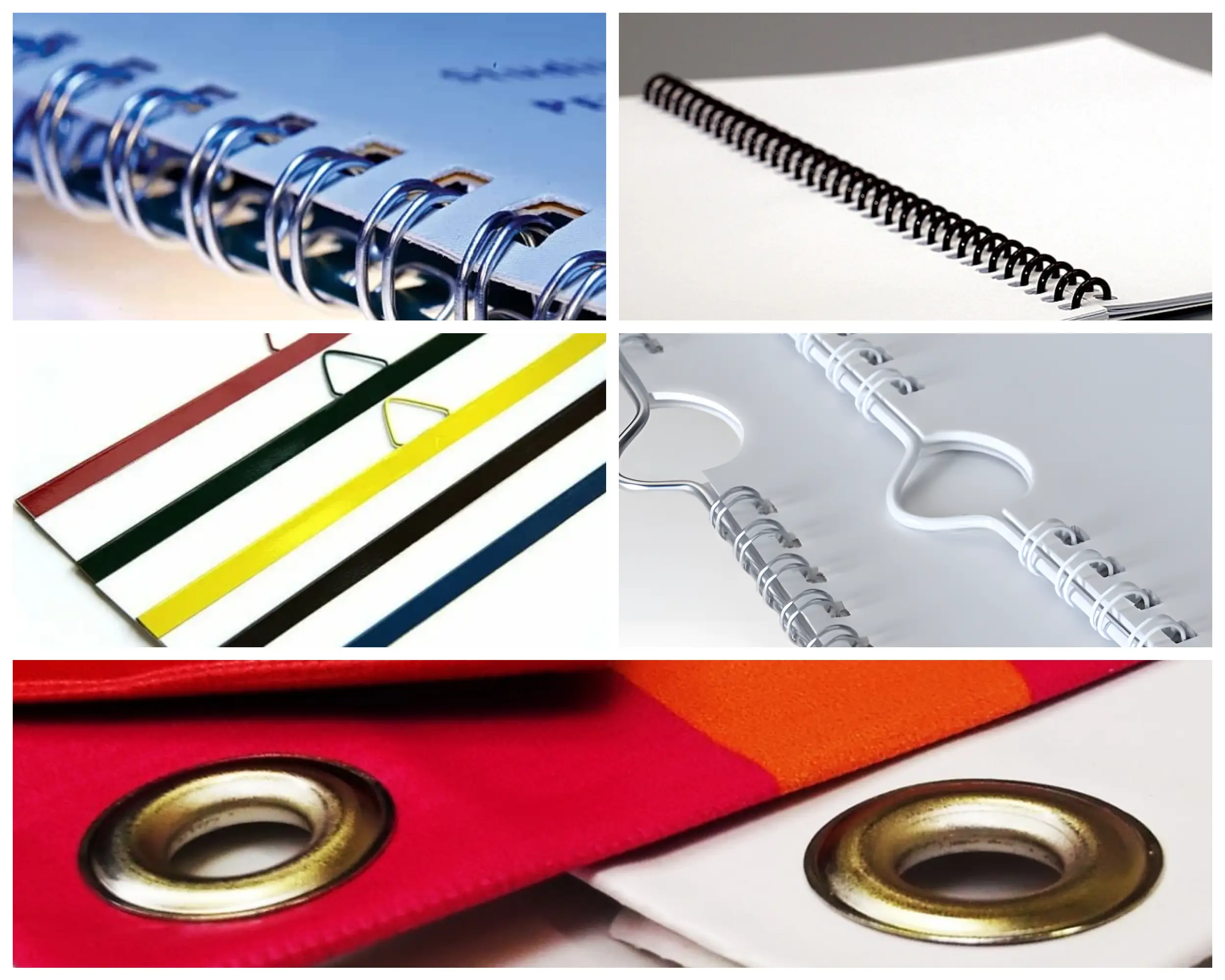 Различные виды креплений для календарей: металлическая и пластиковая пружина, планка, кольца и люверсы, показаны крупным планом для сравнения вариантов оформления.