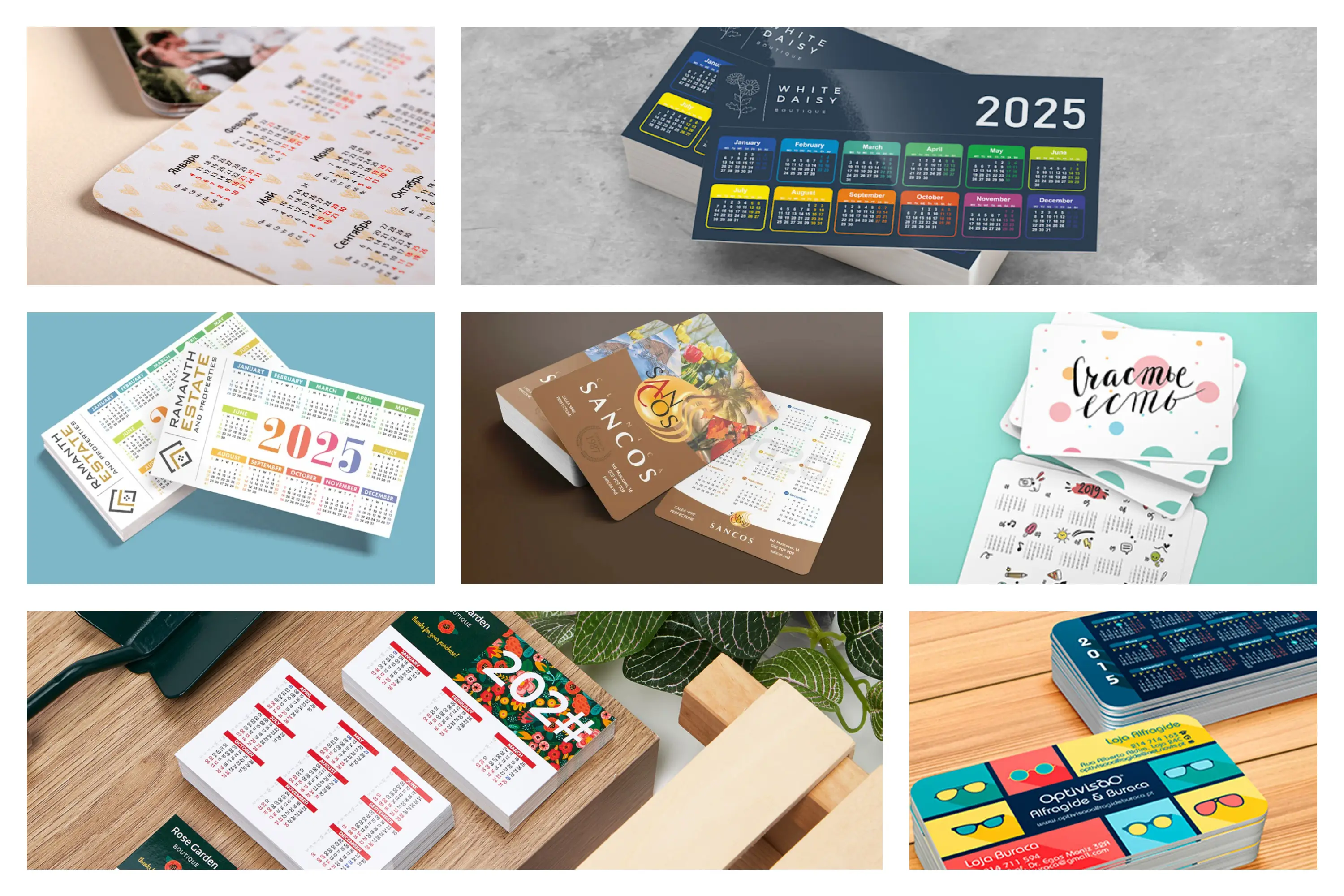 Разнообразные карманные календари 2025 года с разными дизайнами и стилями